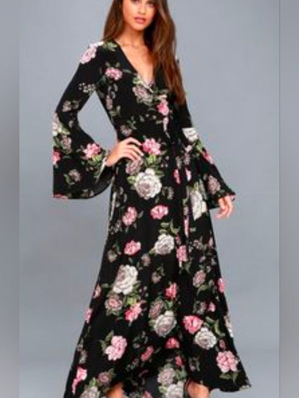Lulus Floralina Black Floral Wrap Maxi Dress Size Medium